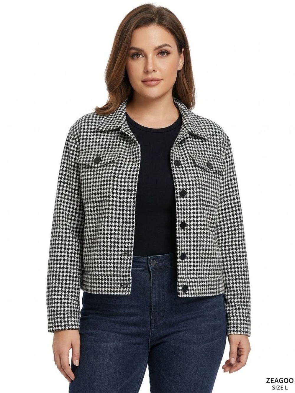 zeagoo Black & White Houndstooth Cropped Jean Jacket